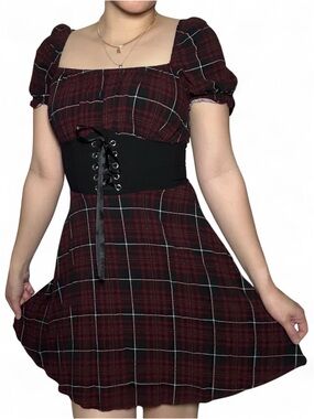 Hot Topic Maroon Plaid Corset Dress Size Extra Small